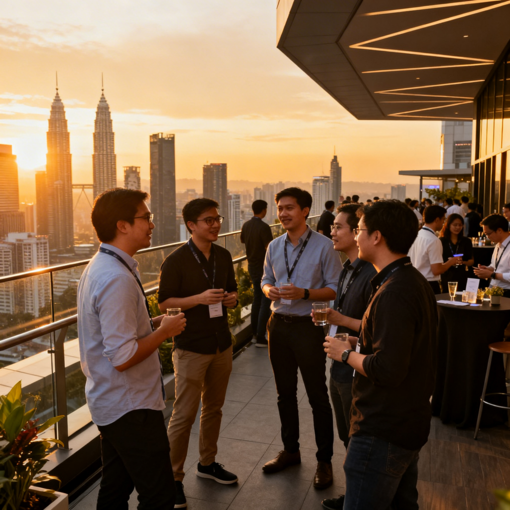 Founders networking KL entrepreneurs discussing ideas during a rooftop networking event in Malaysia.