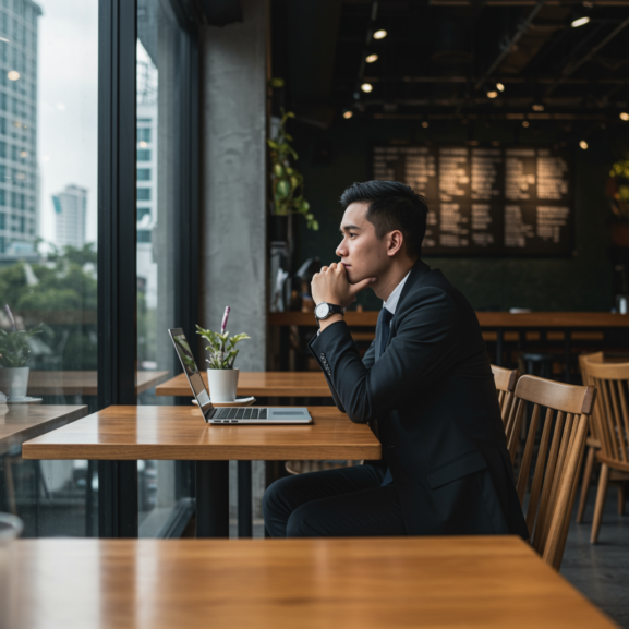 Adult loneliness in city café representing difficulty making friends as an adult in Malaysia.