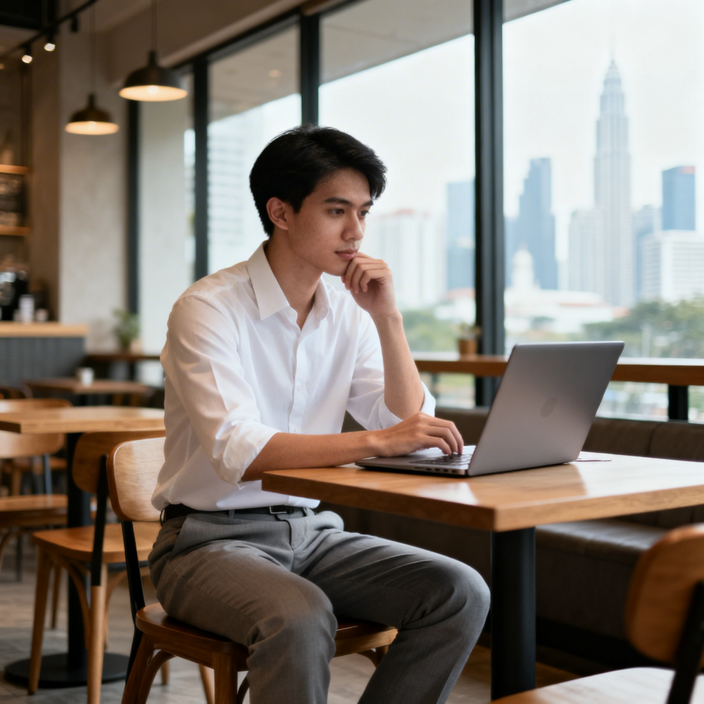 Adult loneliness in city café representing difficulty making friends as an adult in Malaysia.